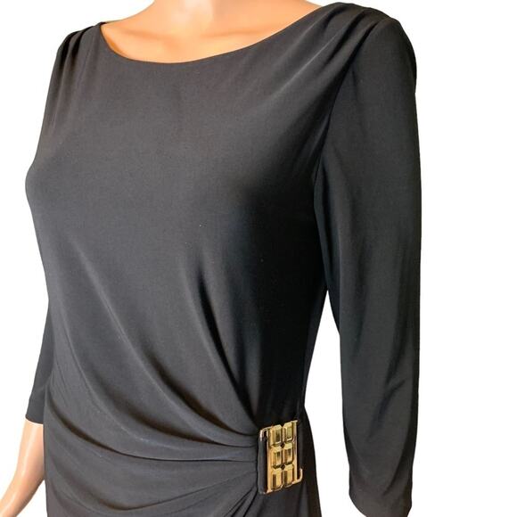 Tahari Ruched Cocktail Little Black Dress Size 8 Gold Buckle Accent Elegant Luxe - Picture 2 of 4